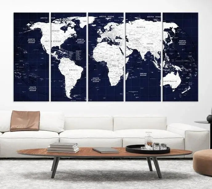 The living room features the Detailed World Map Class Canvas Print Wall Art, presented on gallery-wrapped, museum-quality canvas with a UV-protective coating in blue and white.