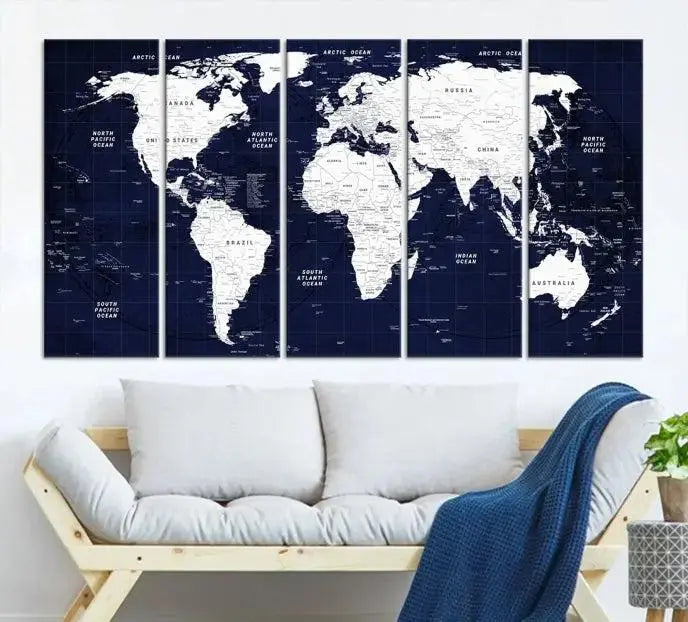 The living room features the Detailed World Map Class Canvas Print Wall Art, presented on gallery-wrapped, museum-quality canvas with a UV-protective coating in blue and white.