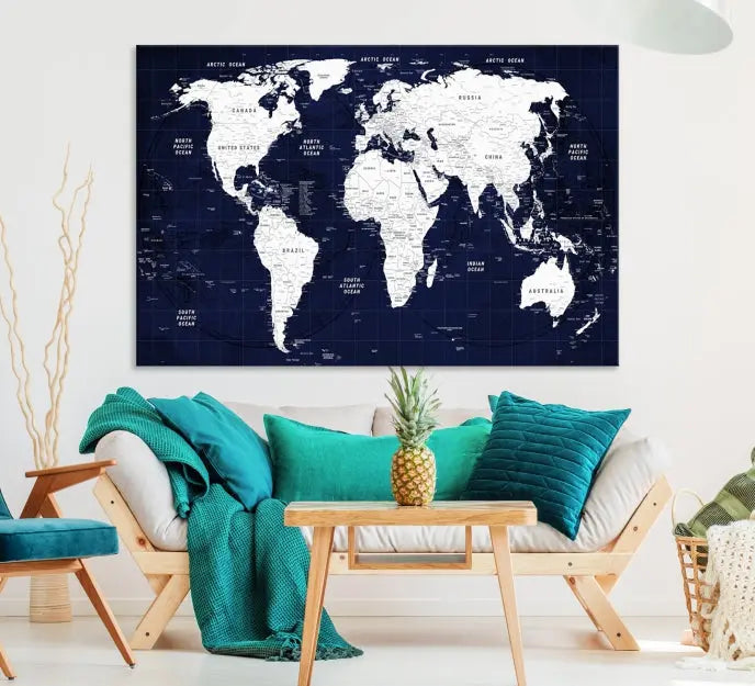 The living room features the Detailed World Map Class Canvas Print Wall Art, presented on gallery-wrapped, museum-quality canvas with a UV-protective coating in blue and white.