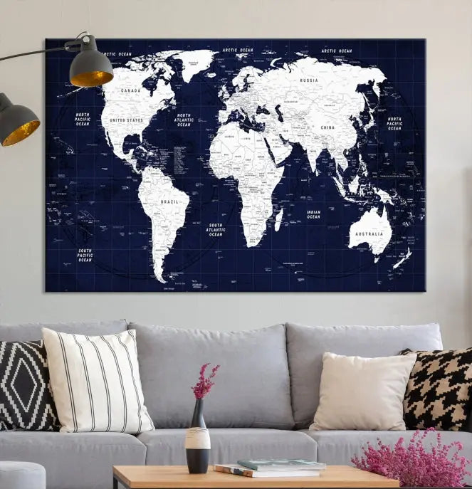 The living room features the Detailed World Map Class Canvas Print Wall Art, presented on gallery-wrapped, museum-quality canvas with a UV-protective coating in blue and white.