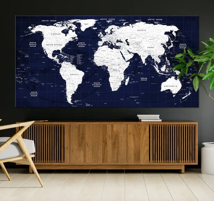 The living room features the Detailed World Map Class Canvas Print Wall Art, presented on gallery-wrapped, museum-quality canvas with a UV-protective coating in blue and white.