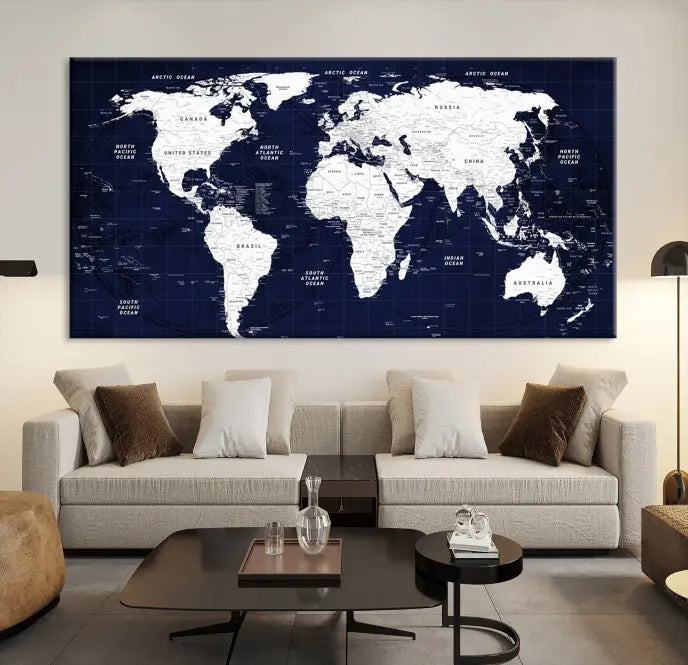 The living room features the Detailed World Map Class Canvas Print Wall Art, presented on gallery-wrapped, museum-quality canvas with a UV-protective coating in blue and white.