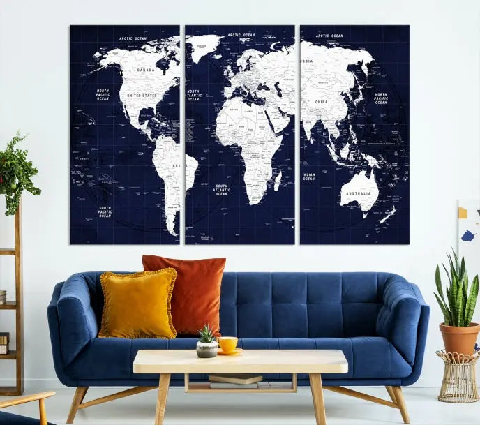 The living room features the Detailed World Map Class Canvas Print Wall Art, presented on gallery-wrapped, museum-quality canvas with a UV-protective coating in blue and white.