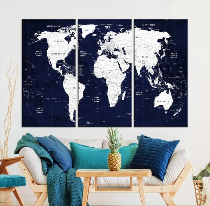 The living room features the Detailed World Map Class Canvas Print Wall Art, presented on gallery-wrapped, museum-quality canvas with a UV-protective coating in blue and white.