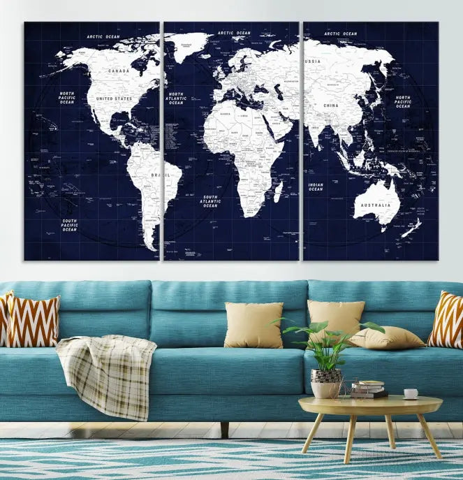 The living room features the Detailed World Map Class Canvas Print Wall Art, presented on gallery-wrapped, museum-quality canvas with a UV-protective coating in blue and white.