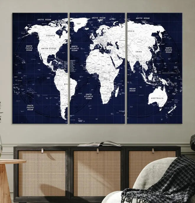 The living room features the Detailed World Map Class Canvas Print Wall Art, presented on gallery-wrapped, museum-quality canvas with a UV-protective coating in blue and white.