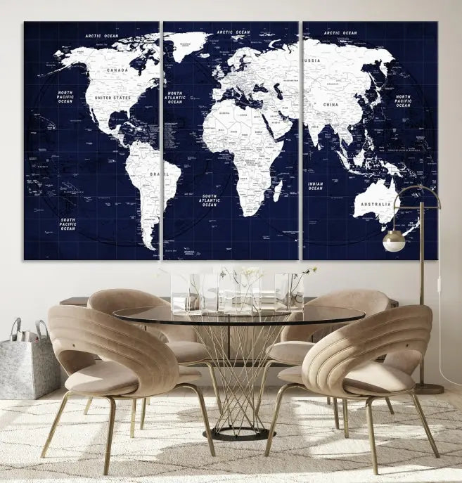 The living room features the Detailed World Map Class Canvas Print Wall Art, presented on gallery-wrapped, museum-quality canvas with a UV-protective coating in blue and white.