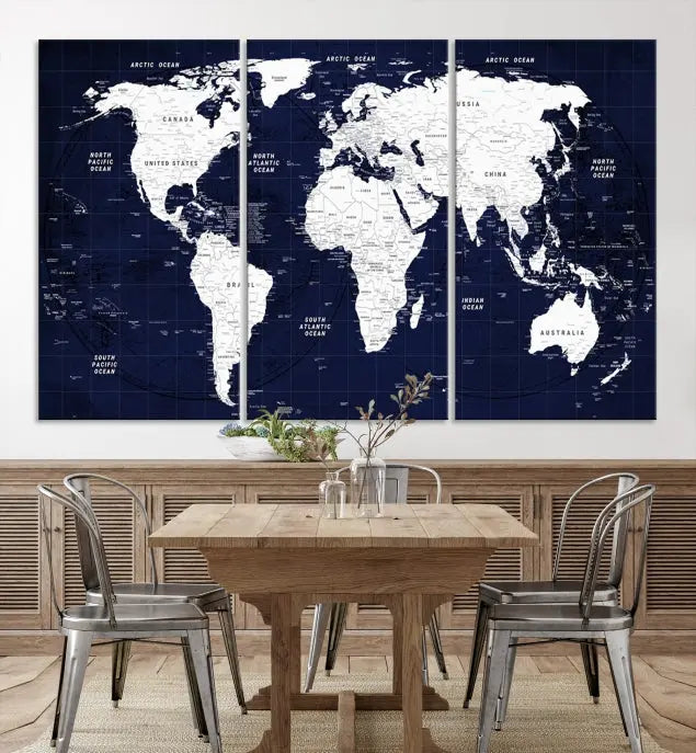 The living room features the Detailed World Map Class Canvas Print Wall Art, presented on gallery-wrapped, museum-quality canvas with a UV-protective coating in blue and white.