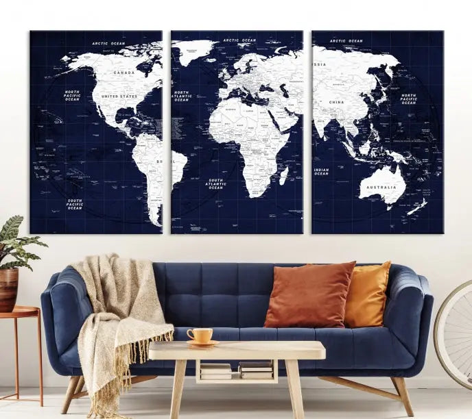 The living room features the Detailed World Map Class Canvas Print Wall Art, presented on gallery-wrapped, museum-quality canvas with a UV-protective coating in blue and white.