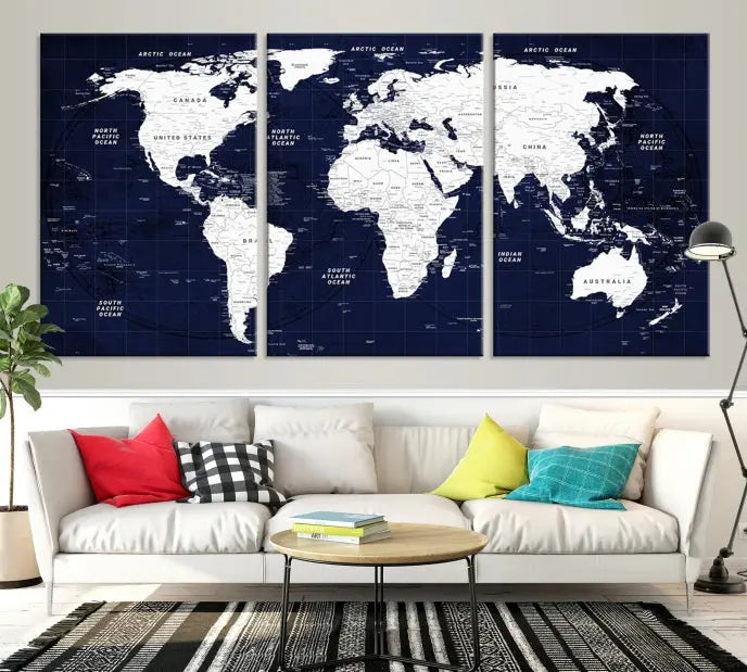 The living room features the Detailed World Map Class Canvas Print Wall Art, presented on gallery-wrapped, museum-quality canvas with a UV-protective coating in blue and white.