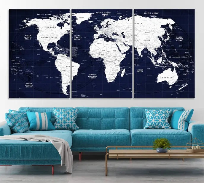 The living room features the Detailed World Map Class Canvas Print Wall Art, presented on gallery-wrapped, museum-quality canvas with a UV-protective coating in blue and white.