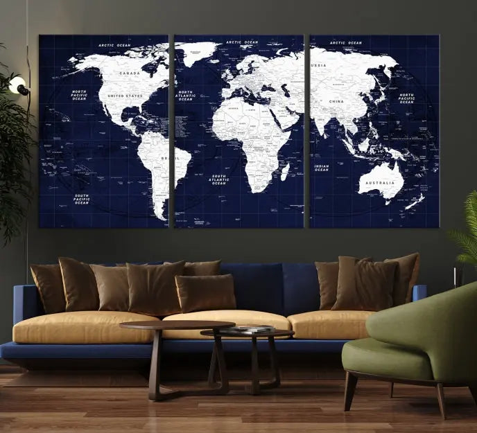 The living room features the Detailed World Map Class Canvas Print Wall Art, presented on gallery-wrapped, museum-quality canvas with a UV-protective coating in blue and white.