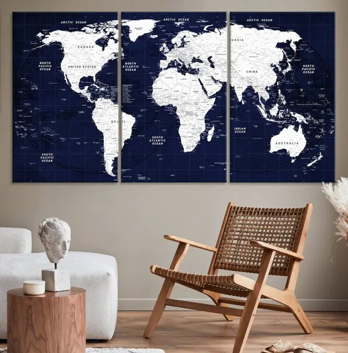 The living room features the Detailed World Map Class Canvas Print Wall Art, presented on gallery-wrapped, museum-quality canvas with a UV-protective coating in blue and white.