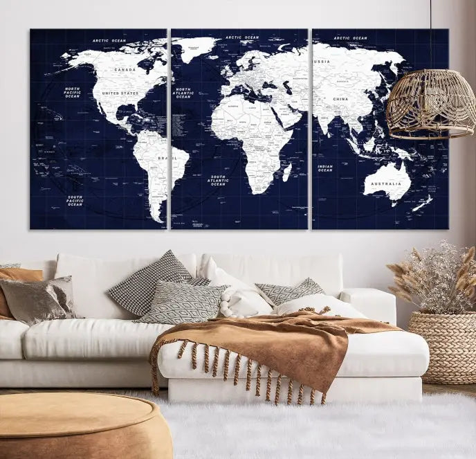 The living room features the Detailed World Map Class Canvas Print Wall Art, presented on gallery-wrapped, museum-quality canvas with a UV-protective coating in blue and white.