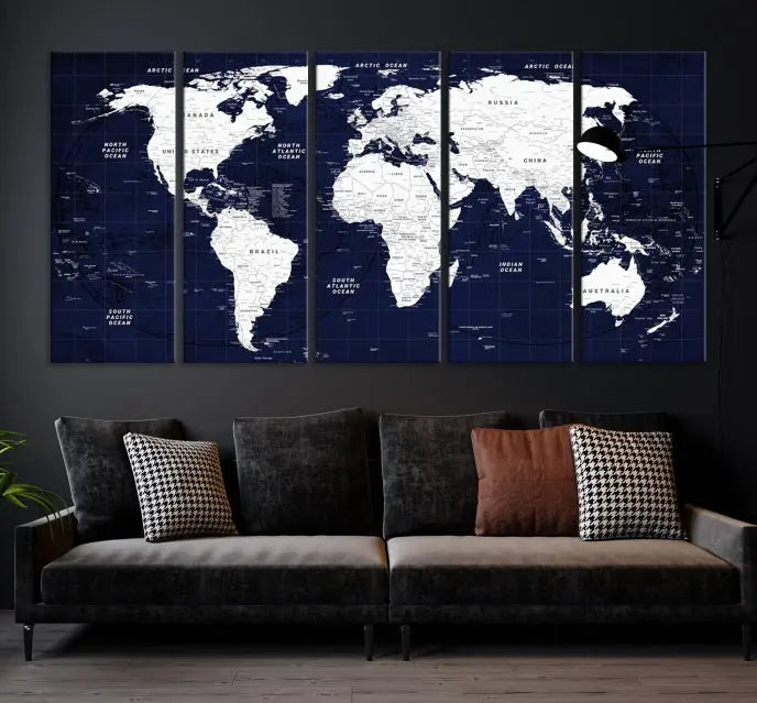 The living room features the Detailed World Map Class Canvas Print Wall Art, presented on gallery-wrapped, museum-quality canvas with a UV-protective coating in blue and white.