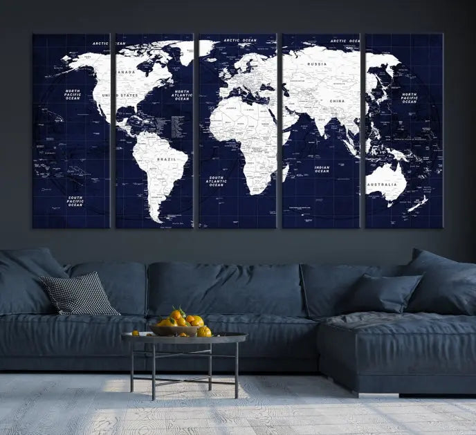 The living room features the Detailed World Map Class Canvas Print Wall Art, presented on gallery-wrapped, museum-quality canvas with a UV-protective coating in blue and white.