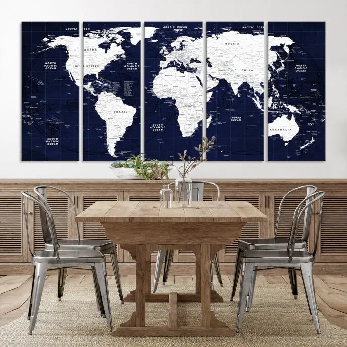 The living room features the Detailed World Map Class Canvas Print Wall Art, presented on gallery-wrapped, museum-quality canvas with a UV-protective coating in blue and white.