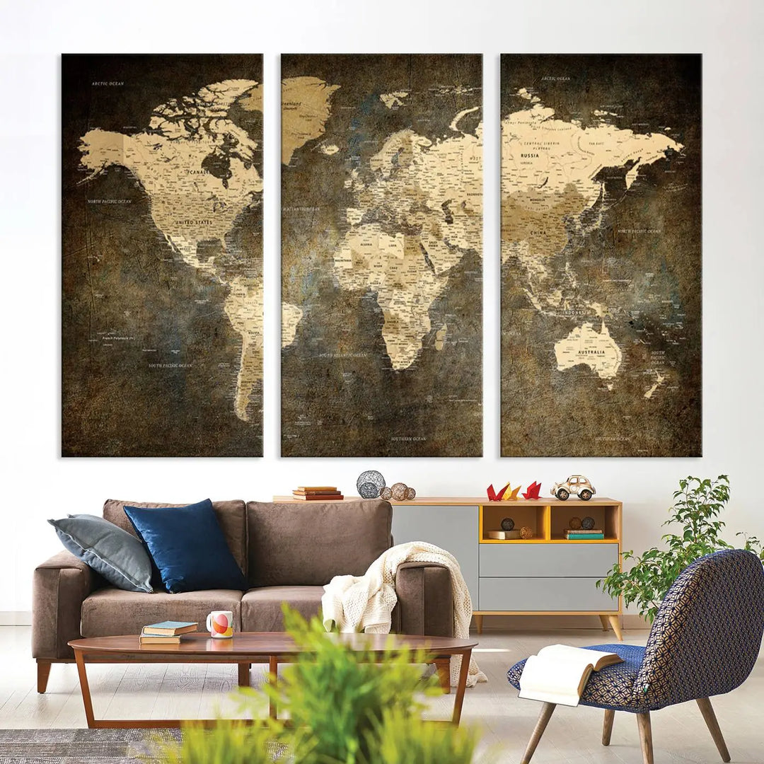 The Detailed World Map Print Wall Art adds rustic design charm above a modern living room sofa.