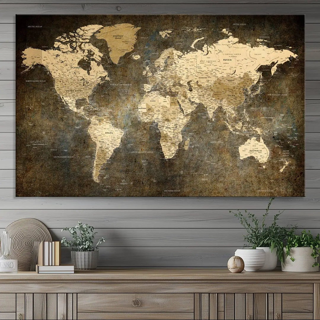 The Detailed World Map Print Wall Art adds rustic design charm above a modern living room sofa.