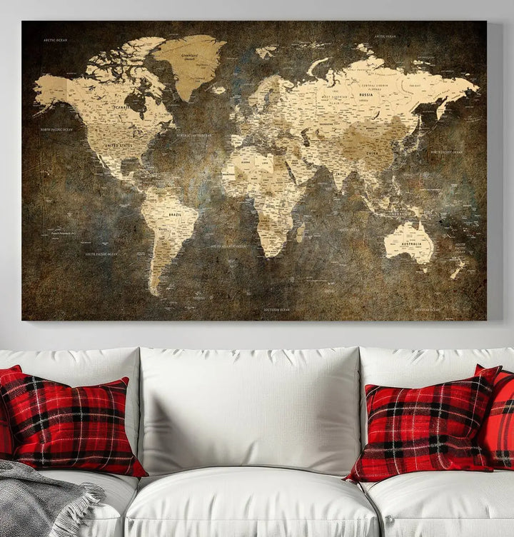 The Detailed World Map Print Wall Art adds rustic design charm above a modern living room sofa.