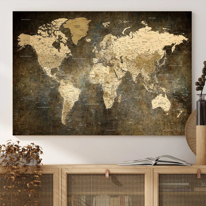 The Detailed World Map Print Wall Art adds rustic design charm above a modern living room sofa.