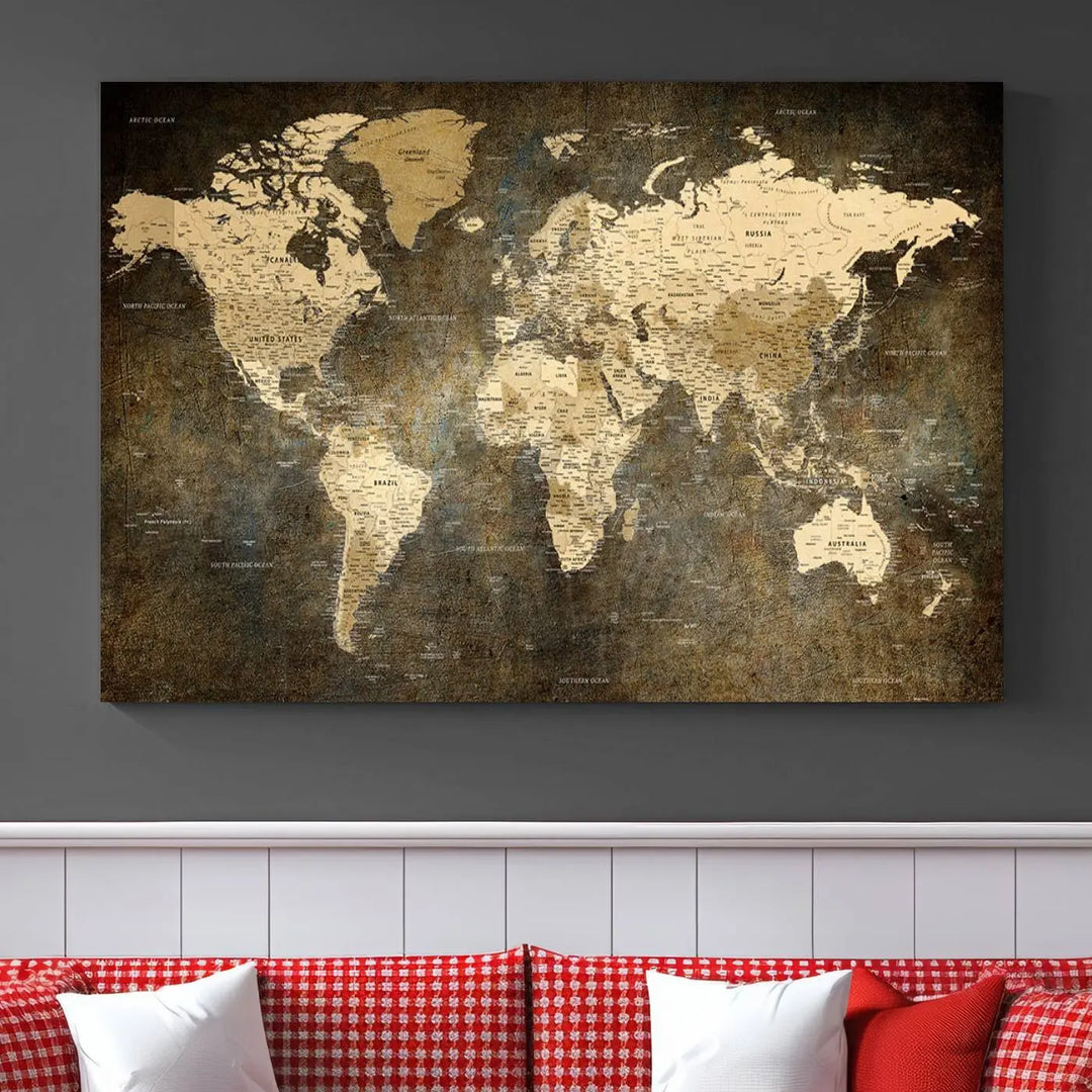 The Detailed World Map Print Wall Art adds rustic design charm above a modern living room sofa.