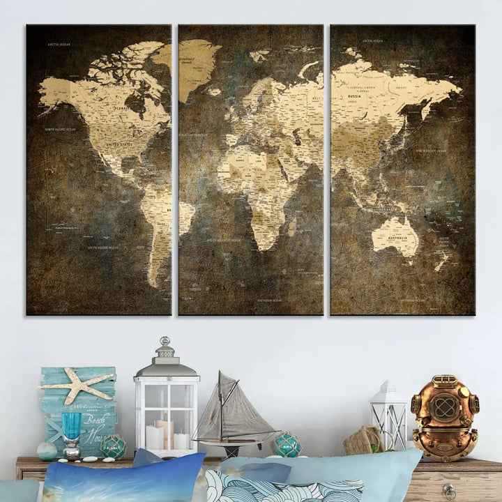 The Detailed World Map Print Wall Art adds rustic design charm above a modern living room sofa.