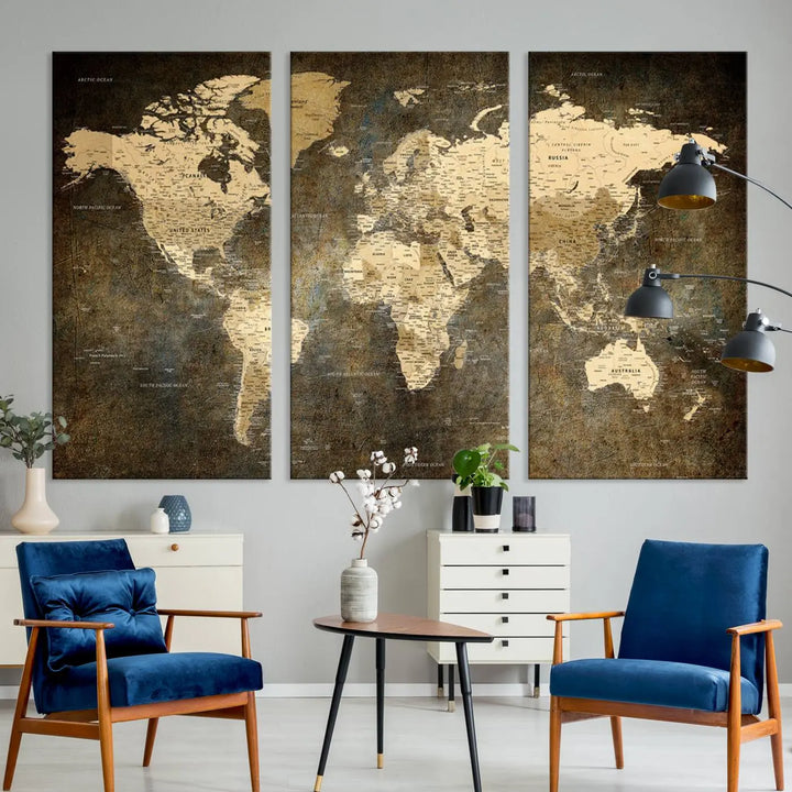 The Detailed World Map Print Wall Art adds rustic design charm above a modern living room sofa.