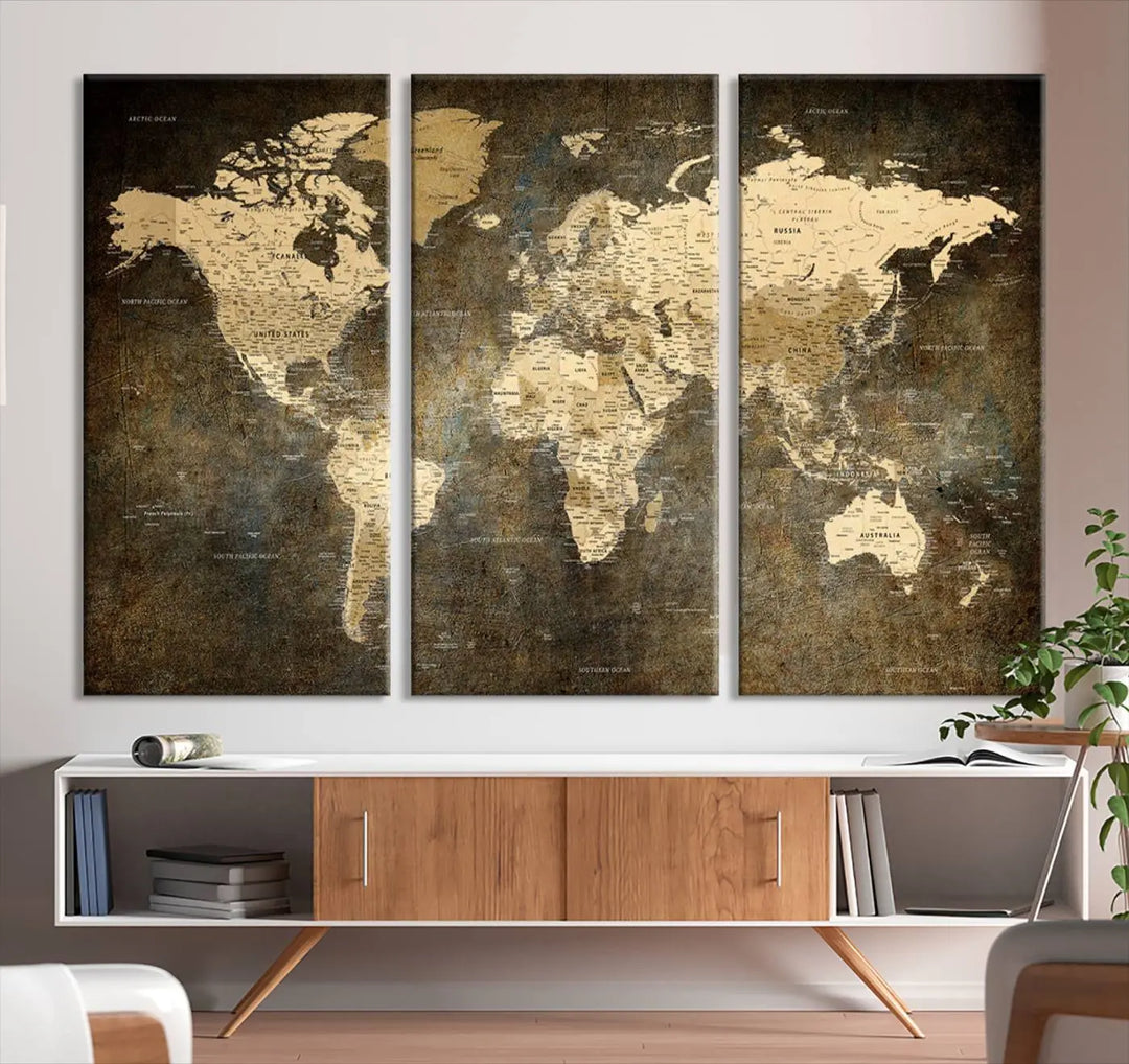 The Detailed World Map Print Wall Art adds rustic design charm above a modern living room sofa.