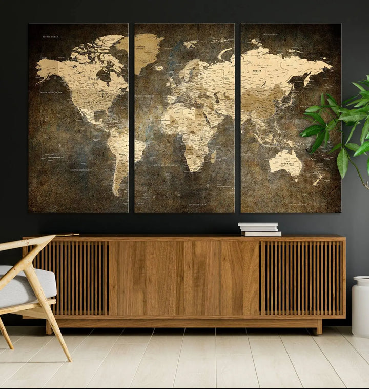 The Detailed World Map Print Wall Art adds rustic design charm above a modern living room sofa.