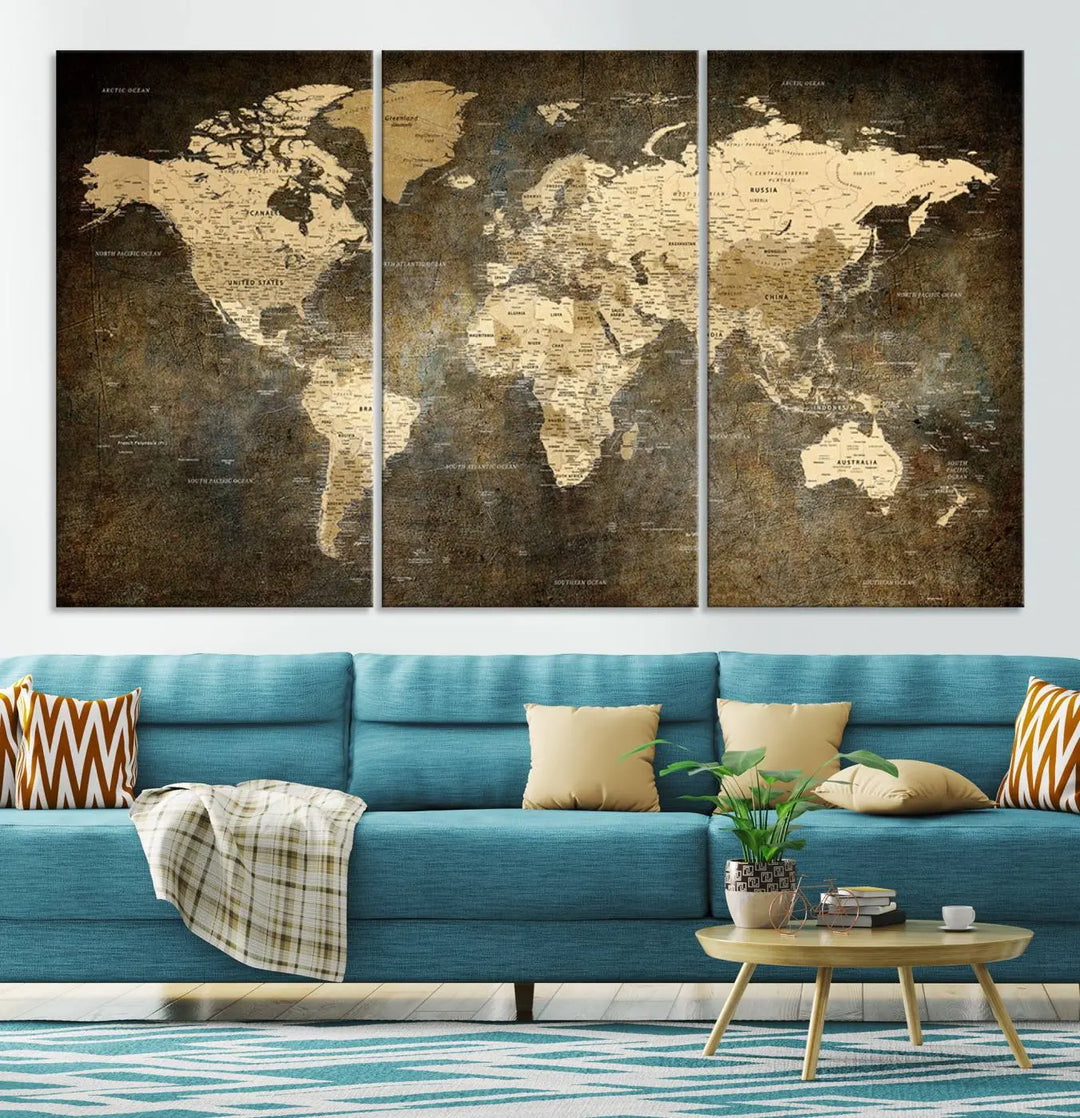 The Detailed World Map Print Wall Art adds rustic design charm above a modern living room sofa.