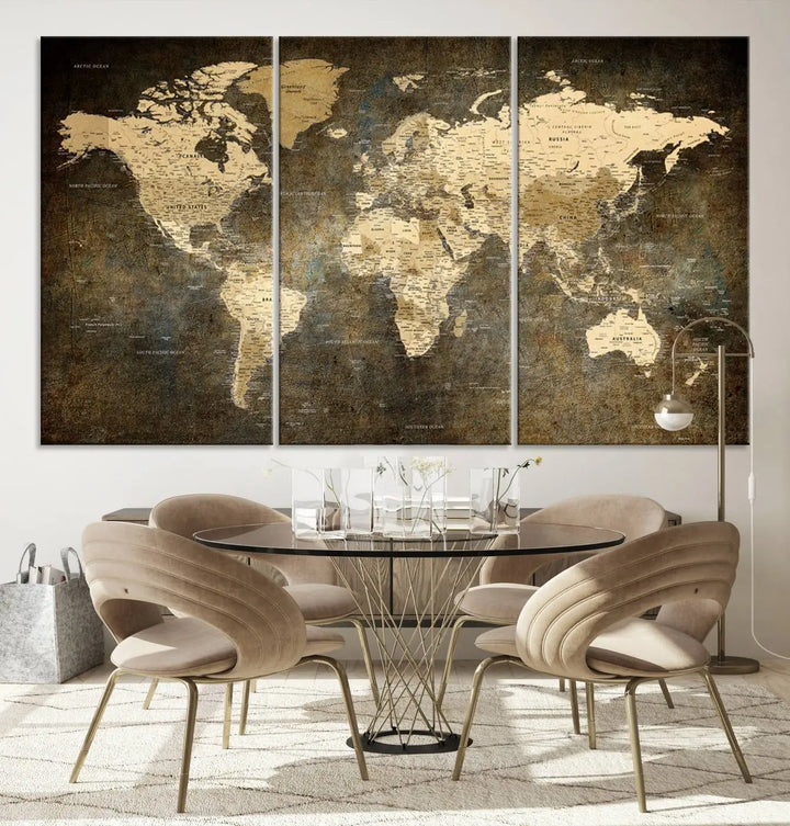 The Detailed World Map Print Wall Art adds rustic design charm above a modern living room sofa.