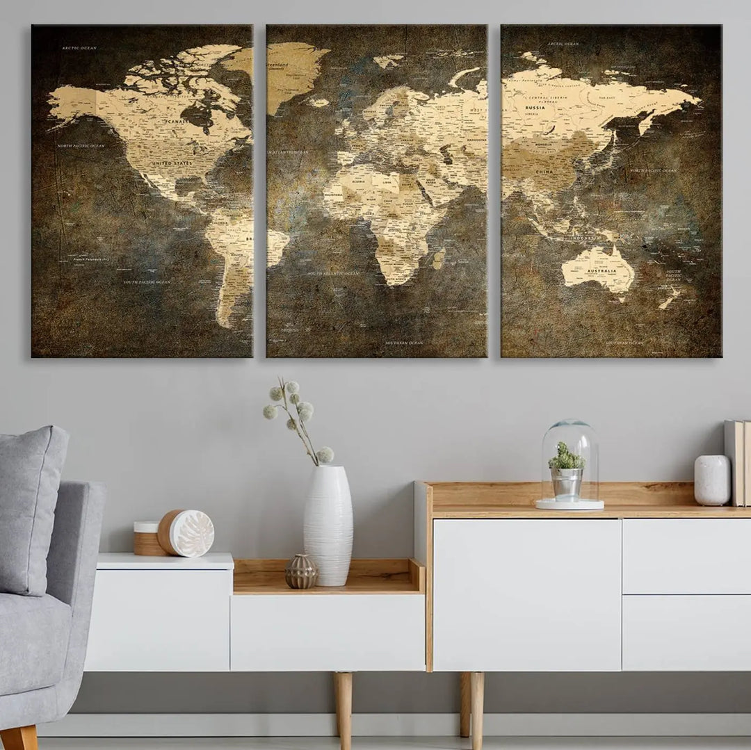 The Detailed World Map Print Wall Art adds rustic design charm above a modern living room sofa.