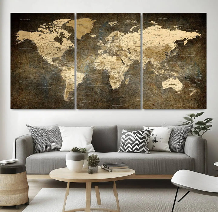 The Detailed World Map Print Wall Art adds rustic design charm above a modern living room sofa.