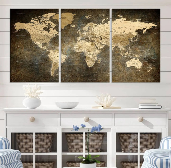 The Detailed World Map Print Wall Art adds rustic design charm above a modern living room sofa.