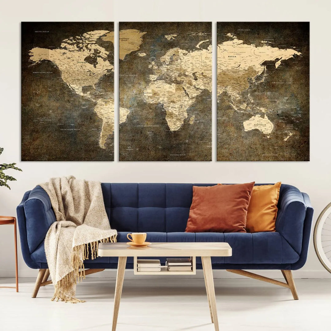 The Detailed World Map Print Wall Art adds rustic design charm above a modern living room sofa.