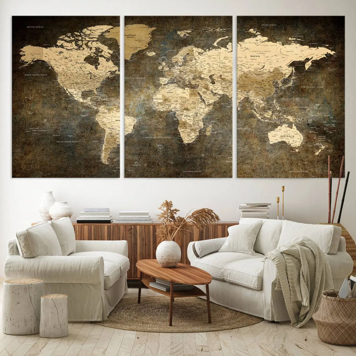 The Detailed World Map Print Wall Art adds rustic design charm above a modern living room sofa.