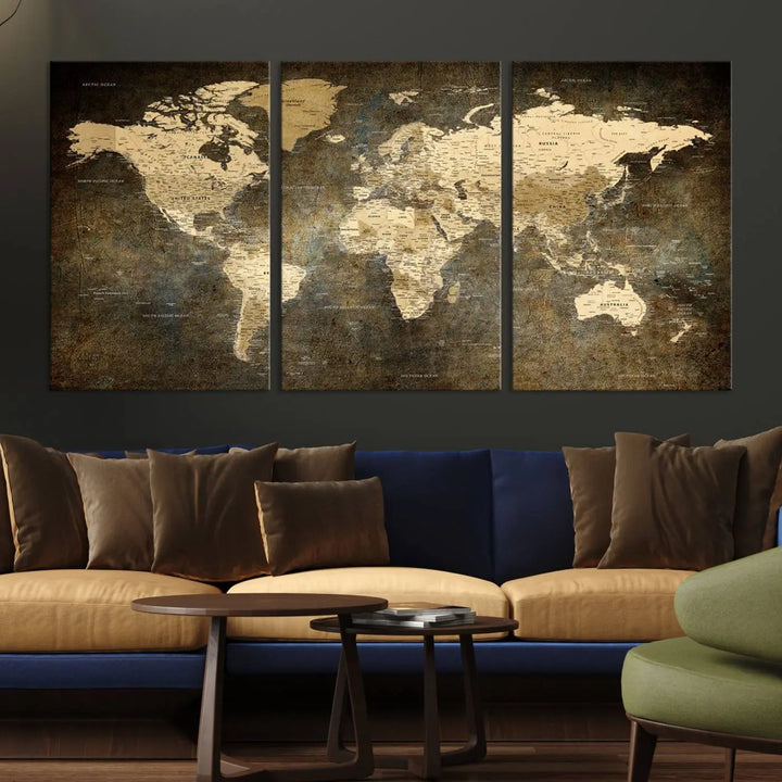 The Detailed World Map Print Wall Art adds rustic design charm above a modern living room sofa.