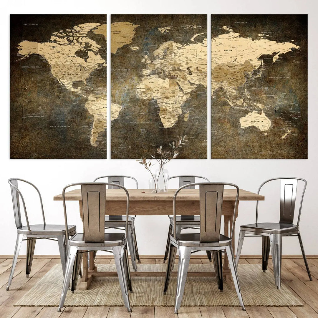 The Detailed World Map Print Wall Art adds rustic design charm above a modern living room sofa.