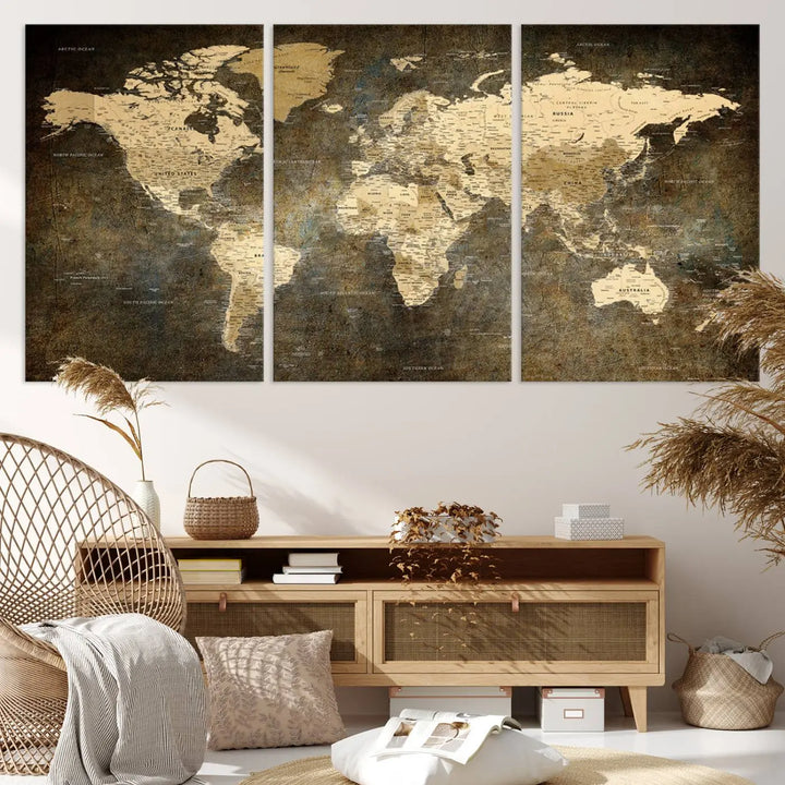 The Detailed World Map Print Wall Art adds rustic design charm above a modern living room sofa.