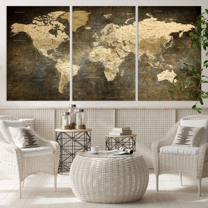 The Detailed World Map Print Wall Art adds rustic design charm above a modern living room sofa.