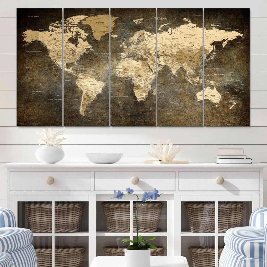 The Detailed World Map Print Wall Art adds rustic design charm above a modern living room sofa.