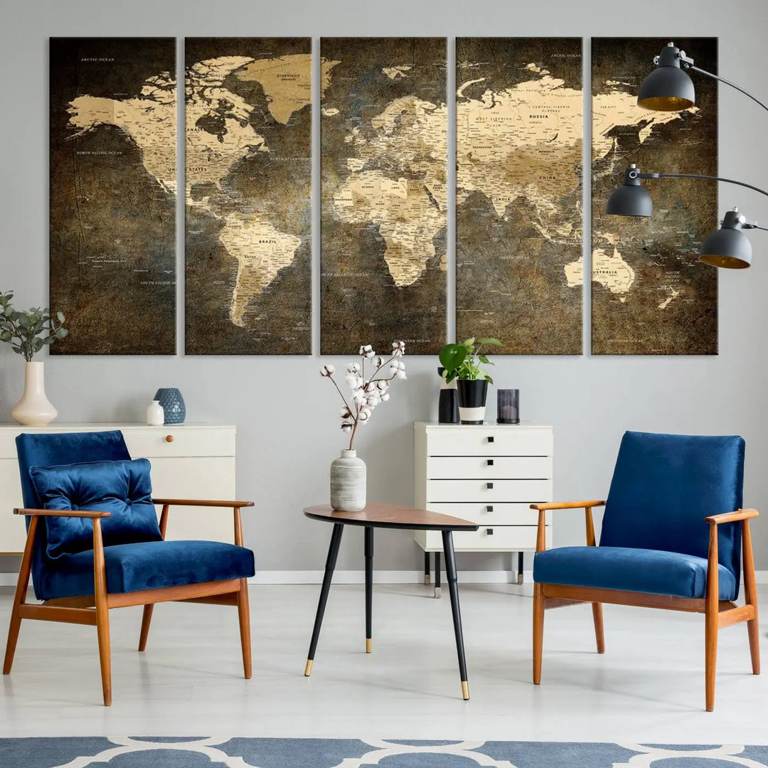 The Detailed World Map Print Wall Art adds rustic design charm above a modern living room sofa.