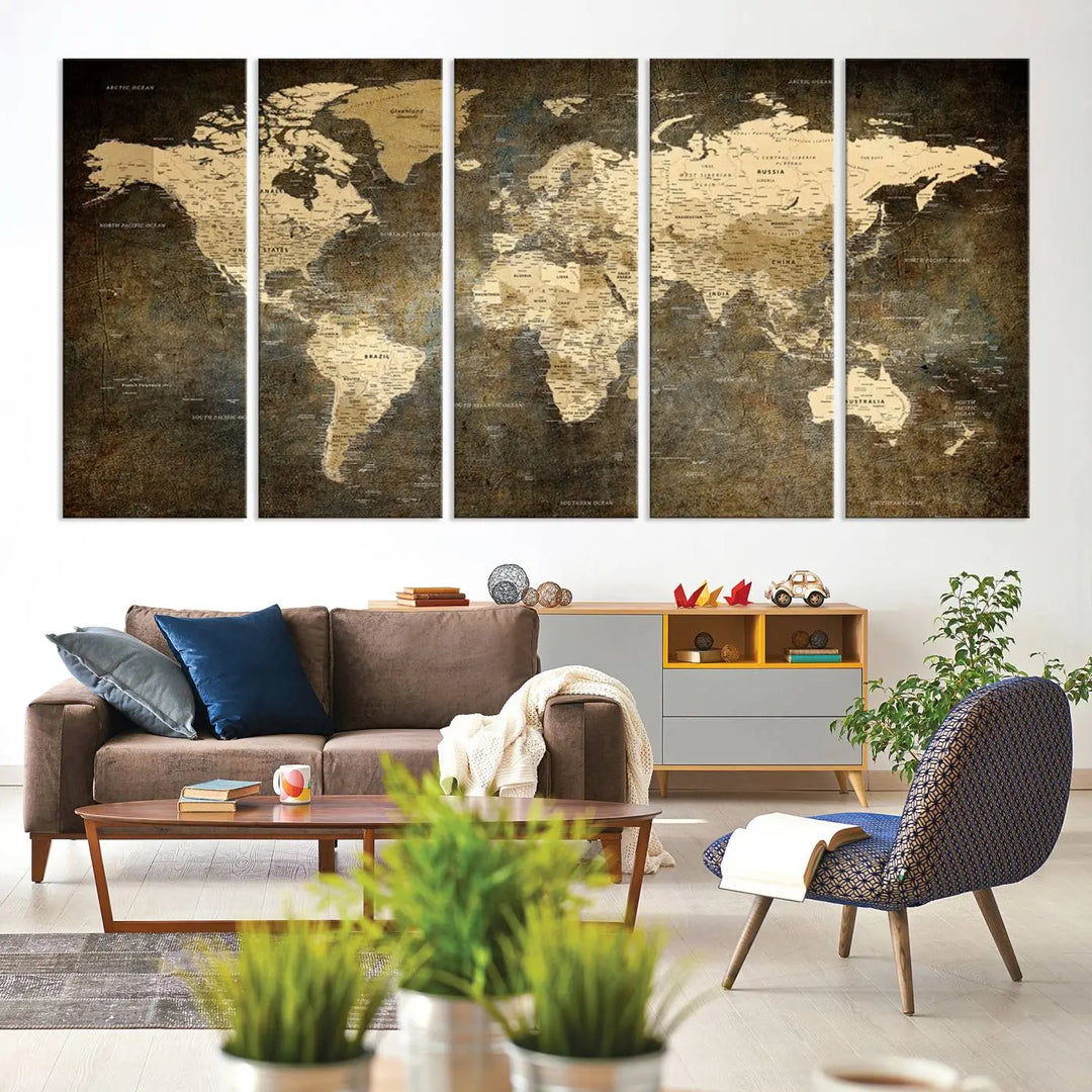 The Detailed World Map Print Wall Art adds rustic design charm above a modern living room sofa.