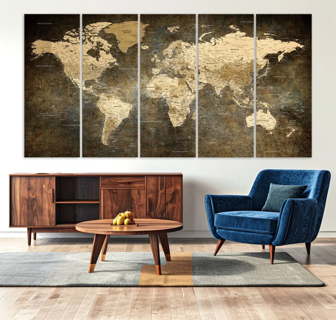 The Detailed World Map Print Wall Art adds rustic design charm above a modern living room sofa.