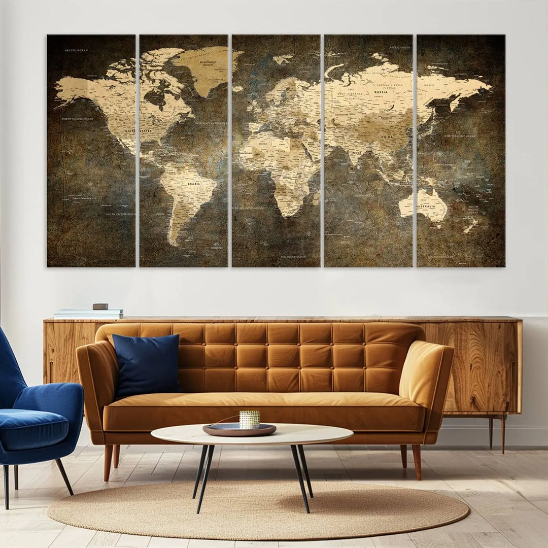 The Detailed World Map Print Wall Art adds rustic design charm above a modern living room sofa.