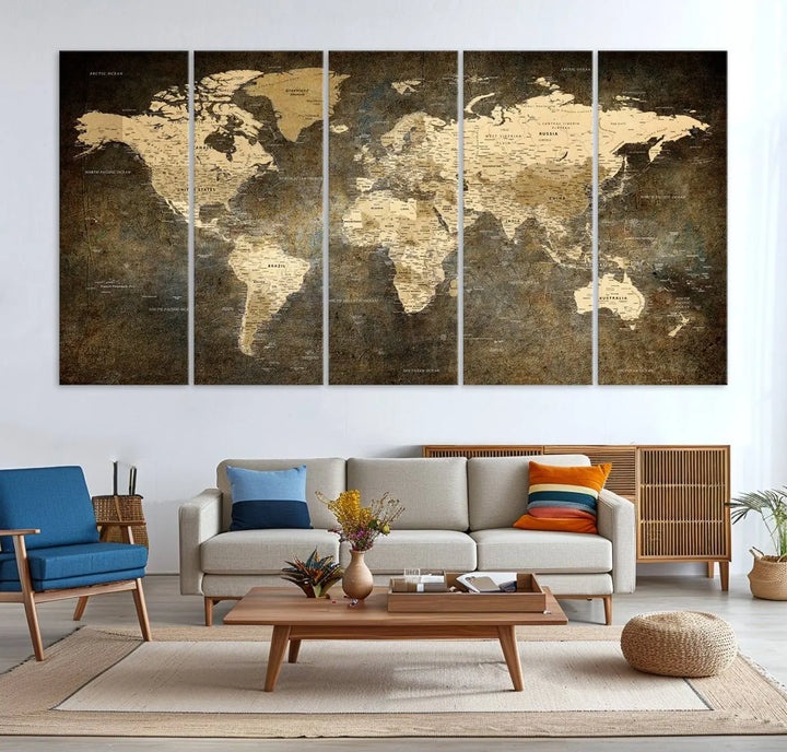 The Detailed World Map Print Wall Art adds rustic design charm above a modern living room sofa.