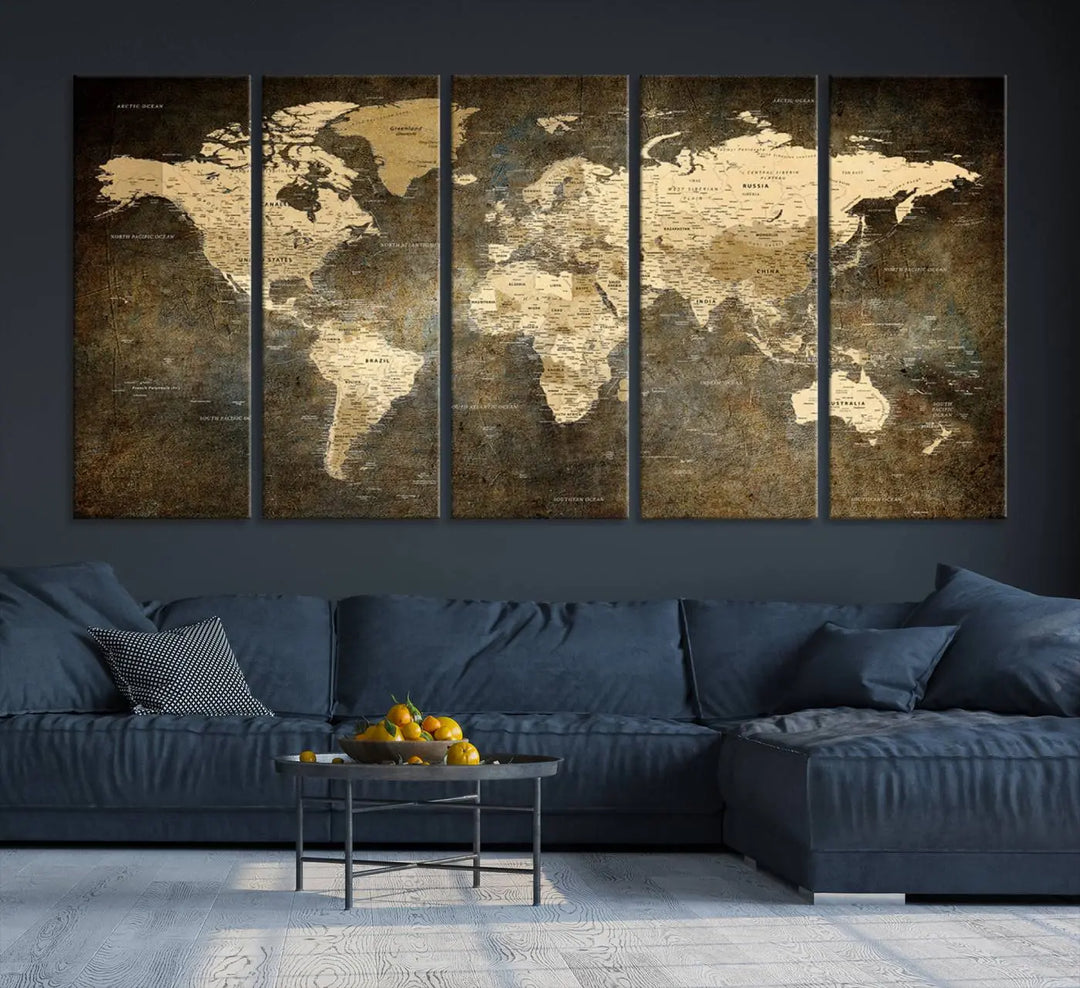 The Detailed World Map Print Wall Art adds rustic design charm above a modern living room sofa.