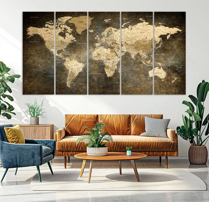 The Detailed World Map Print Wall Art adds rustic design charm above a modern living room sofa.