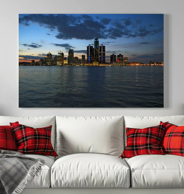 The living room showcases the Detroit City Lights Night Blue Cloudy Skyline Cityscape View Wall Art Canvas Print, which comes with a UV-protective coating. This museum-quality canvas is ready to hang, adding elegance to the space.